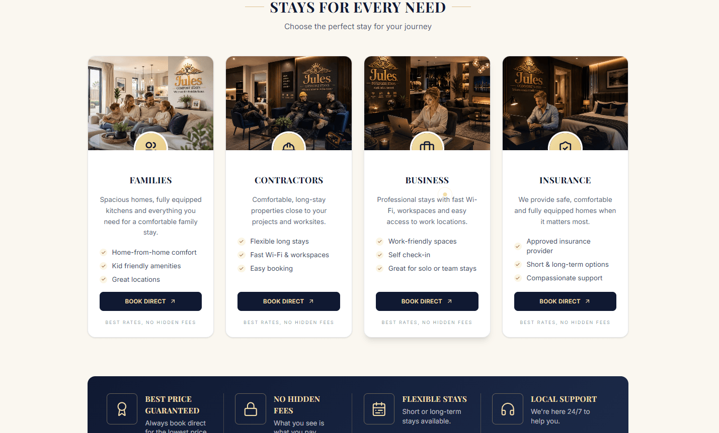 Stays for every need — families, contractors, business, insurance