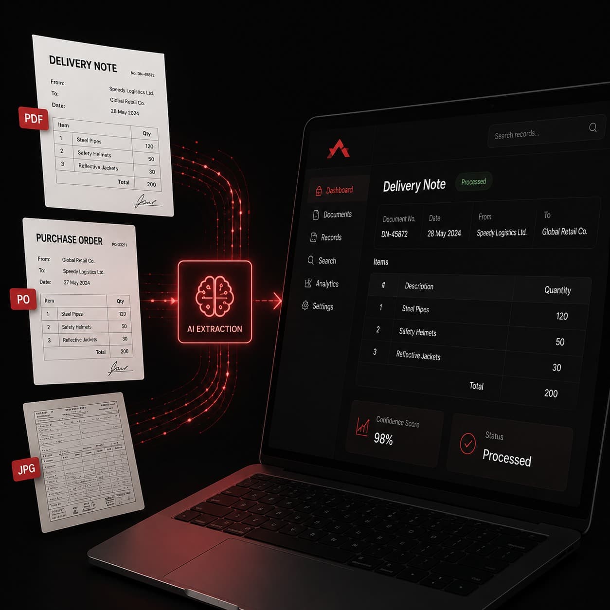 A dashboard of charts and tables, showing the output of a document-to-dashboard automation.