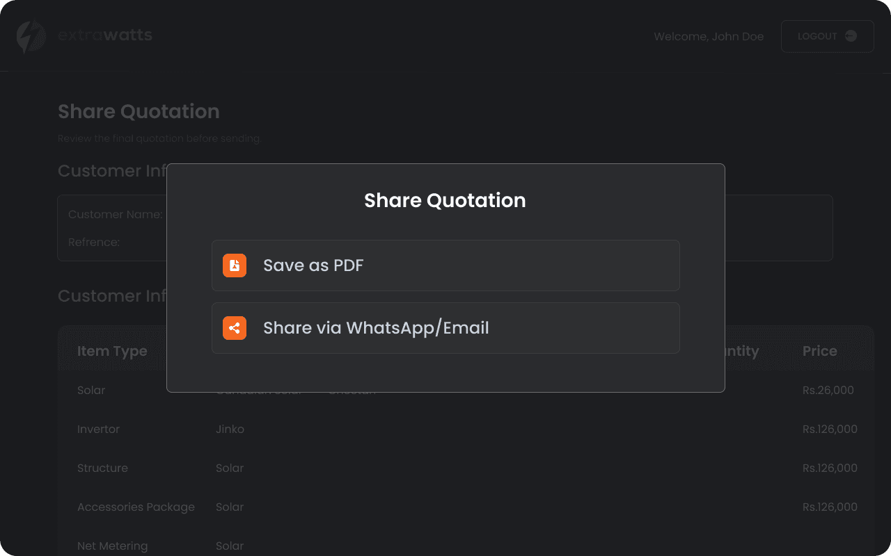 Share quotation — save as PDF or send to the customer