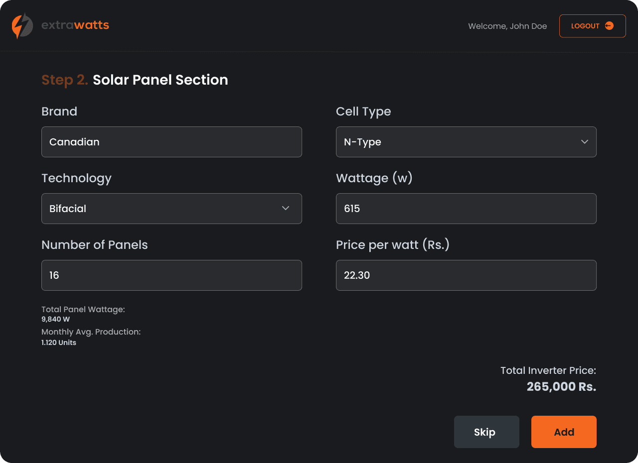 Step 2 — solar panel section, sized against live stock