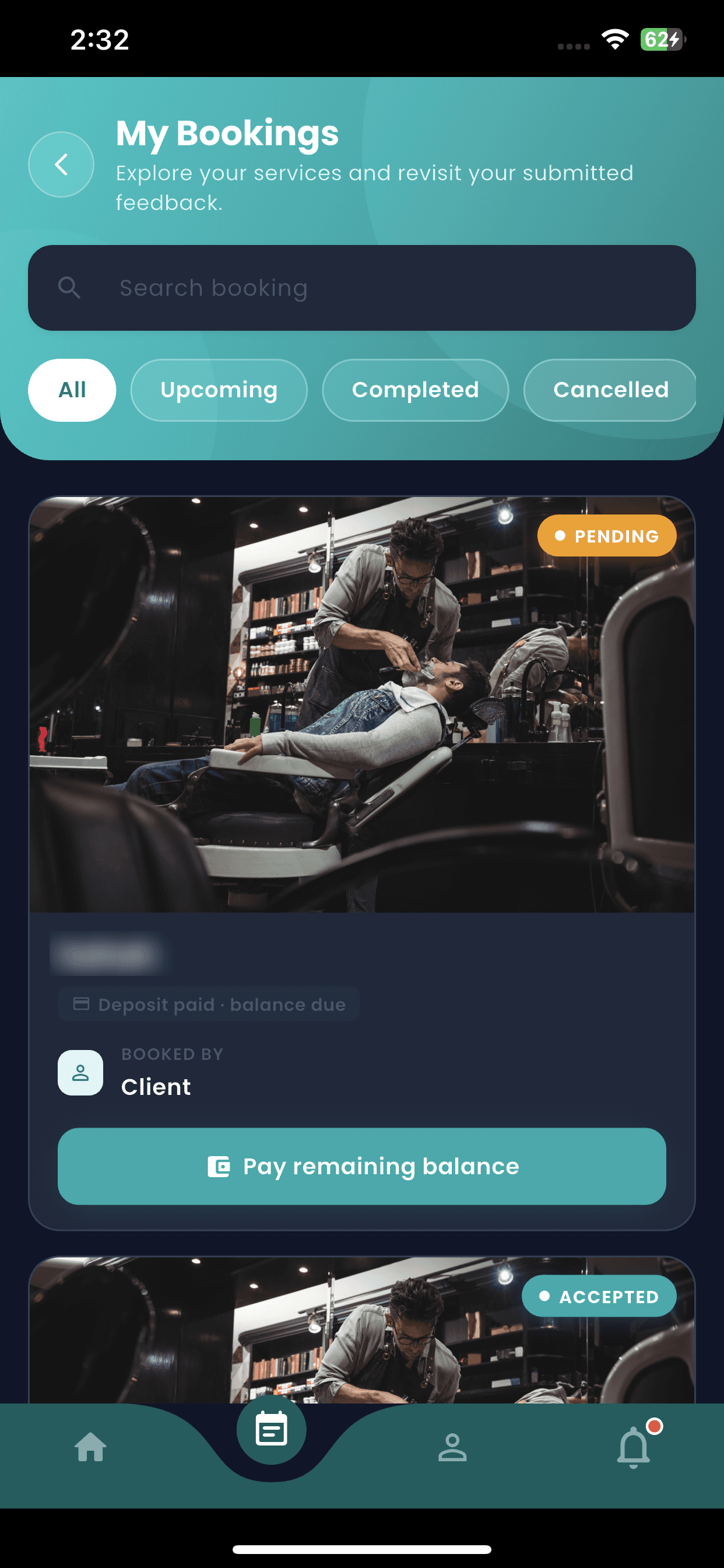 My bookings — deposit paid, balance due on completion