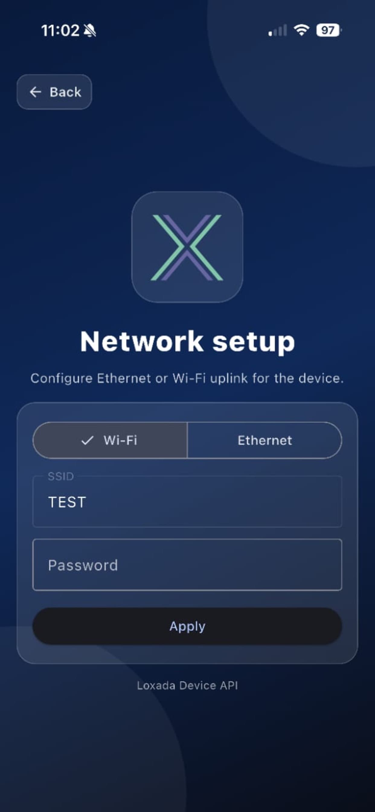 Network setup — Wi-Fi or Ethernet uplink for the device