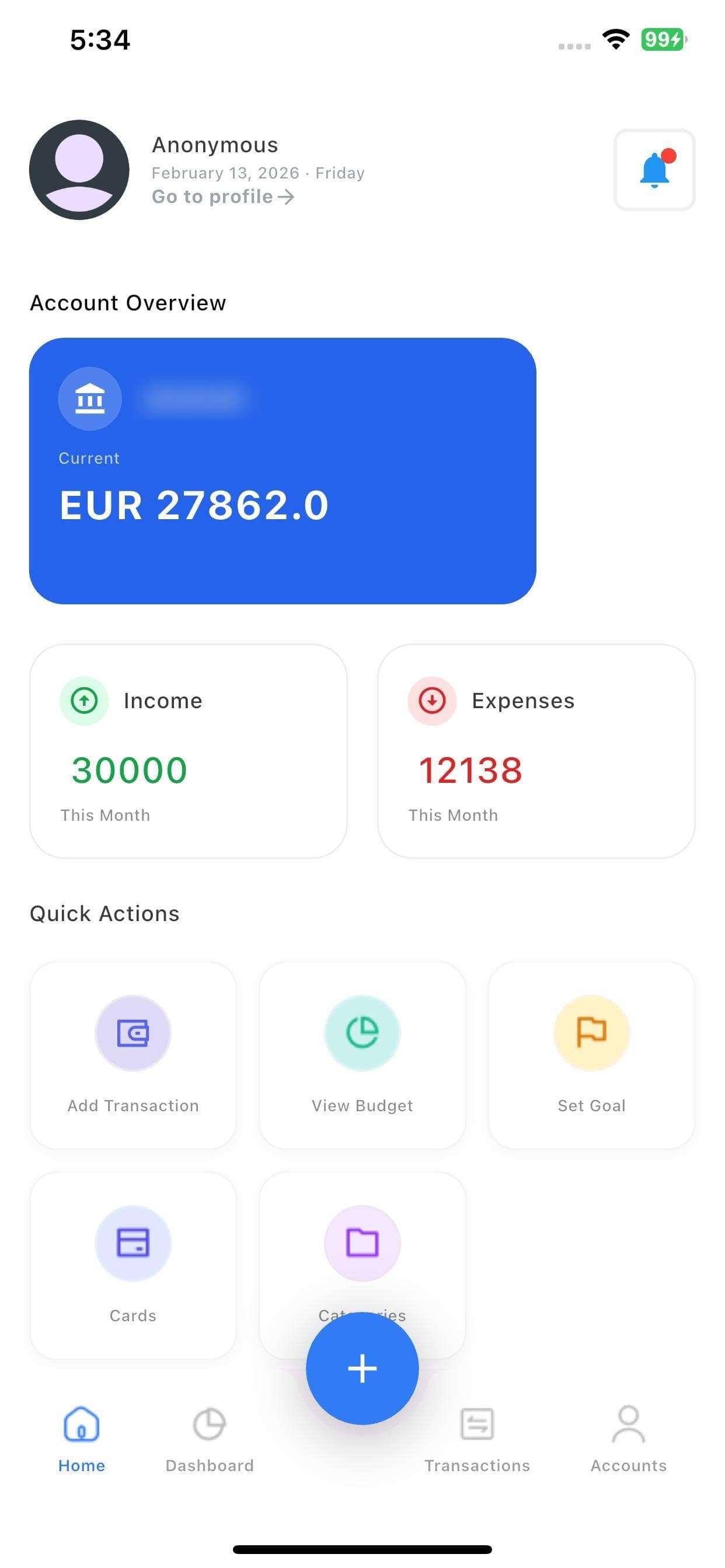 Home — accounts, month-to-date income and spending