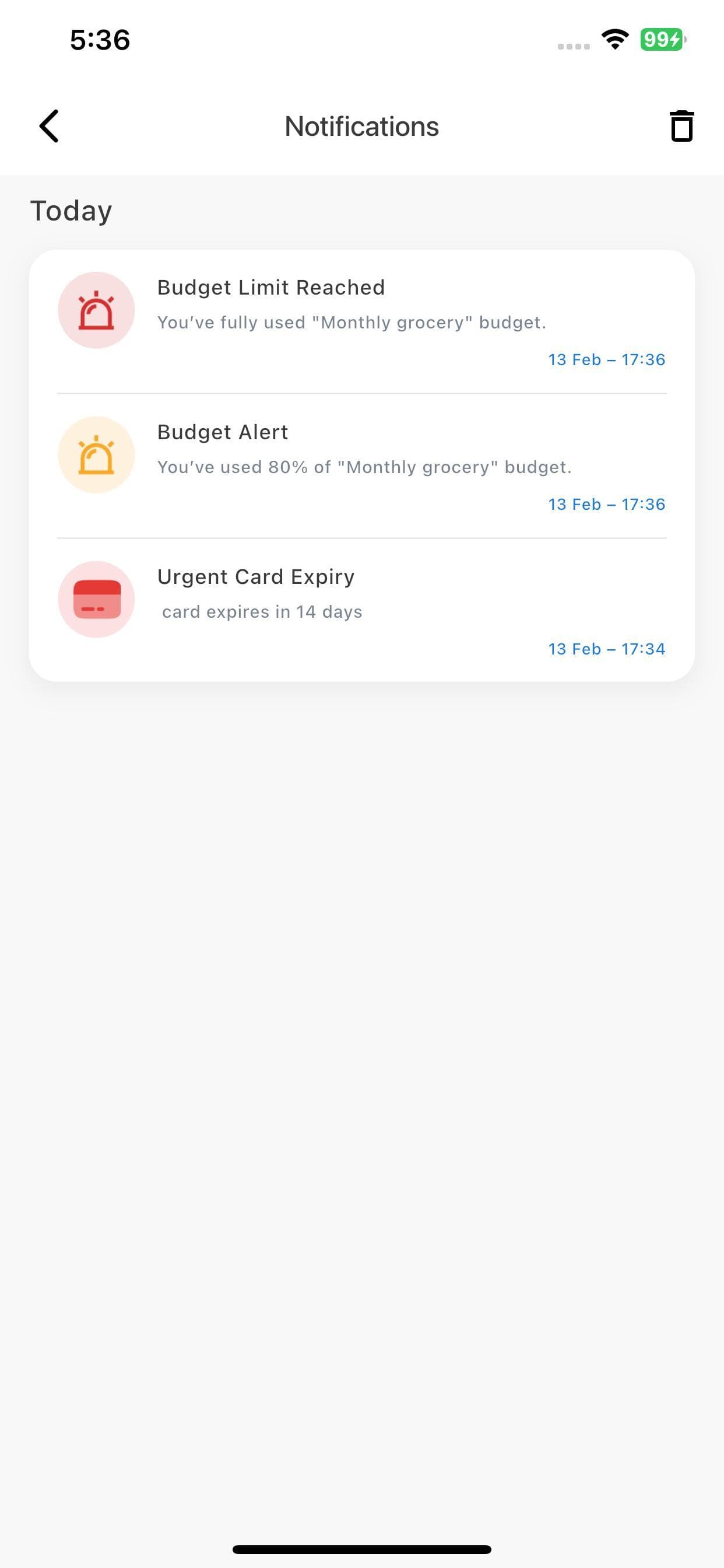 Alerts — budget thresholds and card expiry warnings