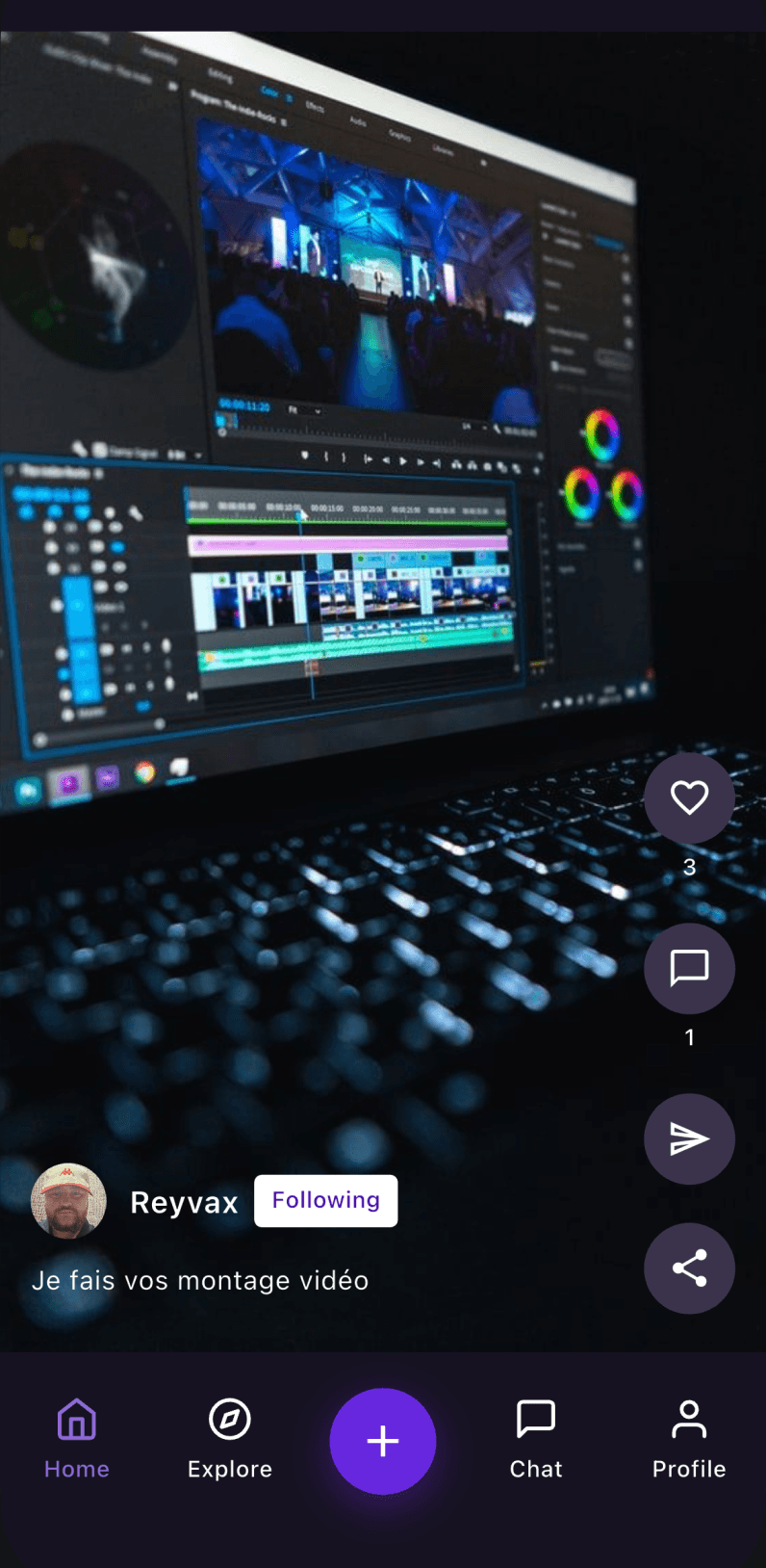 Home feed — a video pitch playing full screen